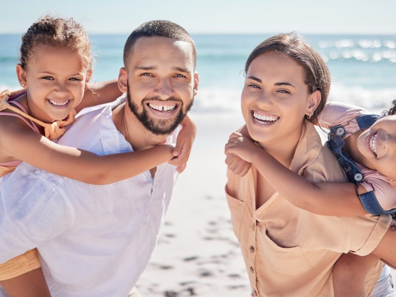 Bali beach, happy family and summer vacation together enjoy sea holiday fun, joy and happiness. Lov.